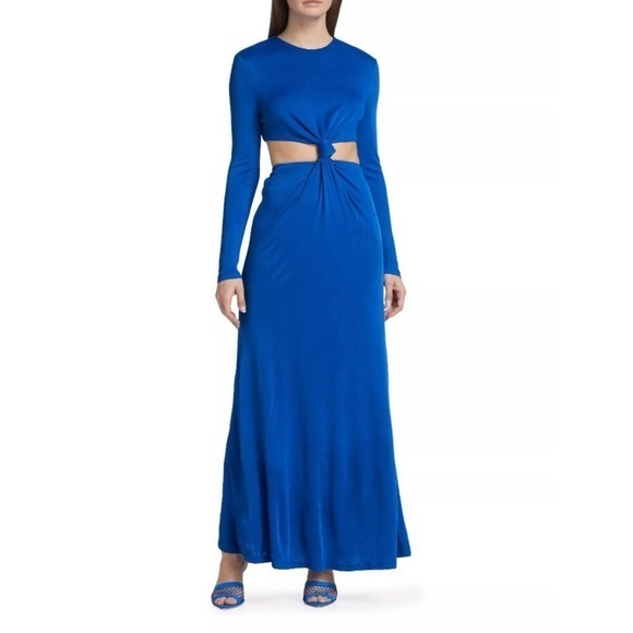 Farm Rio Blue Long‎ Sleeve Cutout Waist Formal Colorful Classic Maxi Dress XS - Picture 1 of 12